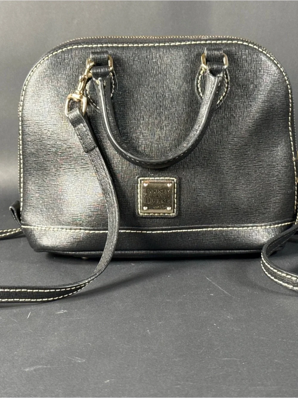Dooney & Bourke Saffiano Leather Black Handbag with Gold Plaque